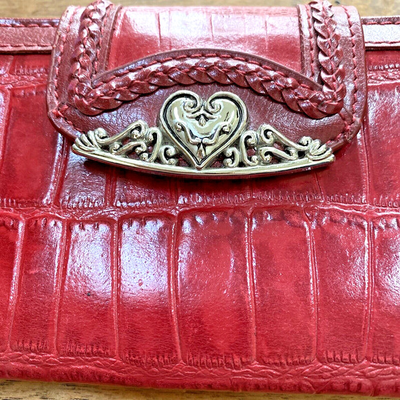 Vintage Y2K Red Leather Checkbook Wallet Moc Croc Silver Heart Clutch Purse - Picture 2 of 8